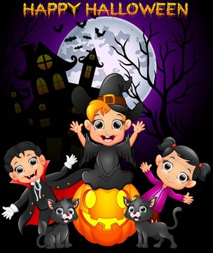 Happy Halloween purple background with children in Halloween costume