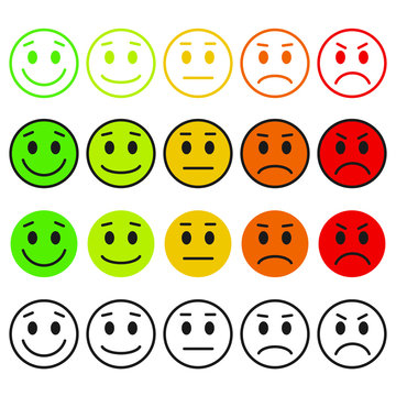 Set of Emoticons. Emoji rank, level, load. Excellent, good, normal, bad, awful. Isolated on white background.