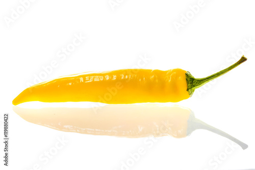 “Organic Yellow hot chili peppers Sarit Gat with green stem.” Stock