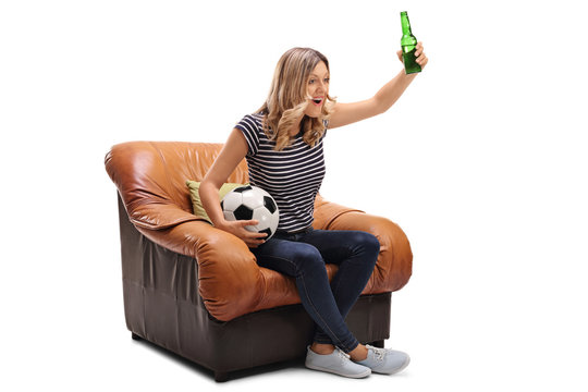 Cheerful Woman Watching Football