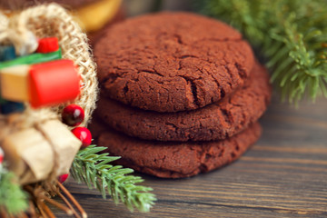 Christmas festive homemade decorated sweets on wooden background