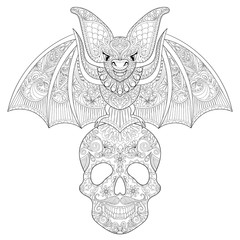 Zentangle stylized Bat seating on sugar Skull for Halloween. Fre