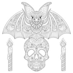 Zentangle stylized Bat seating on sugar Skull with candles for H