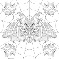 Naklejka premium Zentangle stylized Bat with fall autumn leaves on spider web for