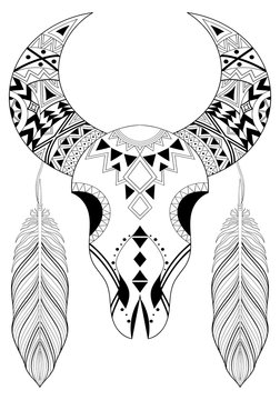 Zentangle stylized Animal Skull with boho feathers. Hand drawn e
