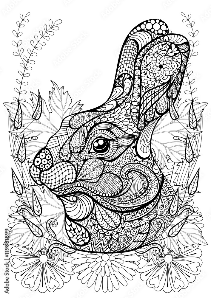 Wall mural Zentangle stylized Rabbit with flowers. Hand drawn ethnic animal