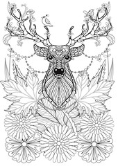 Zentangle stylized horned deer on flowers. Hand drawn ethnic ani