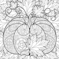 Zentangle stylized Pumpkin on autumn leaves background for Hallo