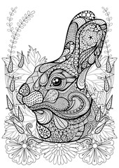 Zentangle stylized Rabbit with flowers. Hand drawn ethnic animal