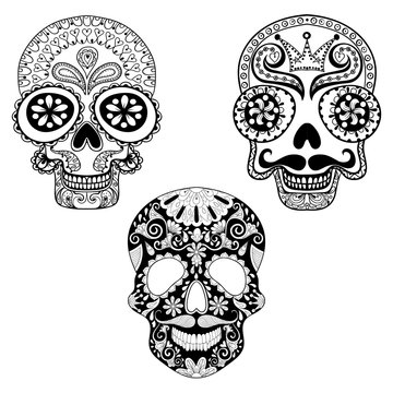 Zentangle stylized patterned Skulls set for Halloween adult colo