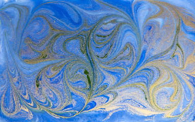 Blue and golden liquid texture, watercolor hand drawn marbling illustration, abstract background, aqua print