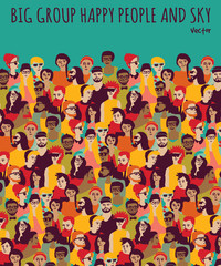 Big group happy people and sky.