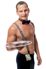 waiter with a bare-chested dancer in a bar