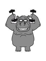 dumbbells strong muscles bodybuilding nerd geek hippo train funny sweet cute thick comic cartoon hippopotamus fat