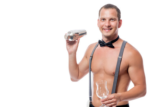 sexy naked barman prepares a delicious cocktail