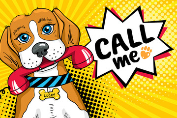  Funny pop art dog with big sad eyes holding red telephone receiver in mouth and speech bubble with Call me lettering. Vector bright illustration in retro comic style. Vector pop art background.