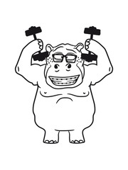 dumbbells strong muscles bodybuilding nerd geek hippo train funny sweet cute thick comic cartoon hippopotamus fat