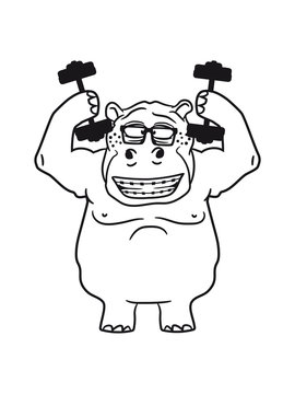 dumbbells strong muscles bodybuilding nerd geek hippo train funny sweet cute thick comic cartoon hippopotamus fat