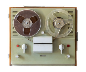 Vintage soviet magnetic audio tape reel-to-reel recorder on white background