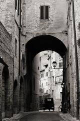 Old Italian Buildings Along Alley, Black and White, San Gimignano, Tuscany, Italy