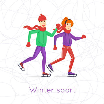 Winter sports. Boy and girl holding hands and skating. Ice background. Characters. Flat vector design.