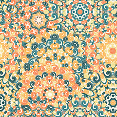 Seamless colorful ethnic pattern with mandalas in oriental style. Round doilies with blue, yellow, orange, green curls and swirls weaving in arabesque traditional lace ornament. Vector illustration.