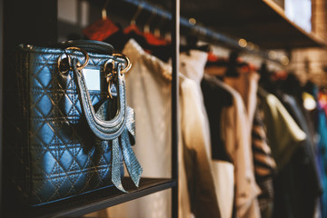 Handbags and clothes in a fashion store - obrazy, fototapety, plakaty
