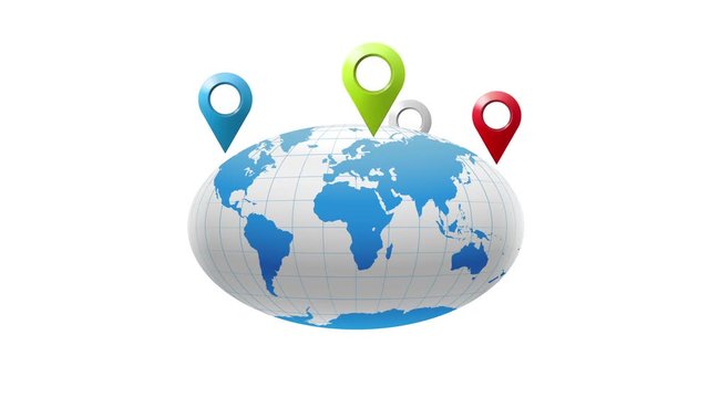 globe around which multicolored markers geolocation, with black and white mask, a motion graphics