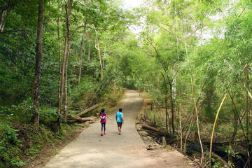 Asian kids running along the concrete walk way to Mae Ya waterfall, Doi Inthanon national park, Chiang Mai, North of Thailand