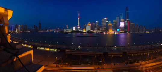 Aerial photography at Shanghai bund Skyline of panorama night sc