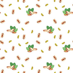 Hand-drawn watercolor seamless pattern with different pistachios on the white background. Repeated background