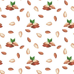 Hand-drawn watercolor seamless pattern with different almond nuts. Repeated background