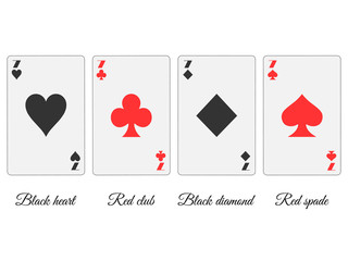7 game cards suit other colors. Black hearts and diamonds, red spades and clubs. Vector illustration.