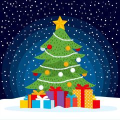 Obraz premium Illustration of Christmas tree with colorful gifts on outdoor falling snow background scene
