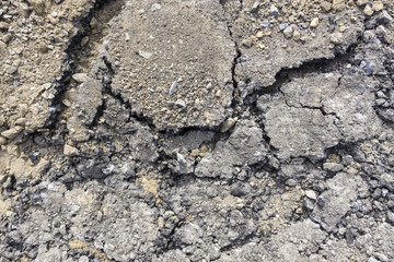 Detailed macro cracked tarmac, road surface. Close up, asphalt with cracks on the road.