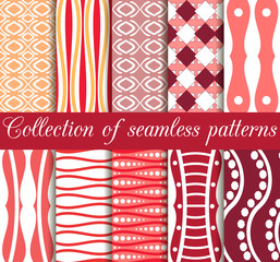 Set of geometric seamless patterns in retro colors. Geometric figures in the background. Vector illustration.