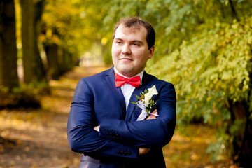 Handsome groom is standing and posing alone in park