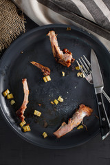 Overhead view of empty pork bones on plate.