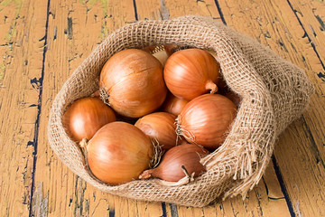  Onion.   A sack with a onion on an old wooden floor.