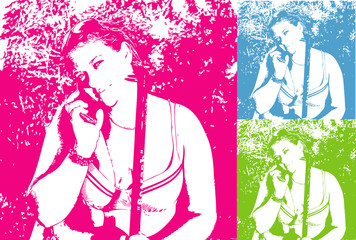 The blue-eyed beautiful girl in a swimsuit with a fishing pole and a telephone in the style of pop art