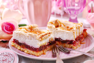 homemade plum cale with meringue and caramel