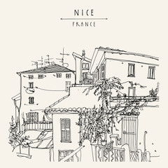 Antique houses in French Riviera, France, Europe. Cozy European town.  Mediterranean chic. Hand drawing. Travel sketch. Vintage touristic postcard, poster or book illustration