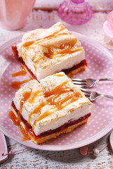 homemade plum cale with meringue and caramel