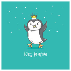 Card with cute cartoon king penguin. Winter time. Little Antarctic bird. Funny animal. Vector contour image. Children's illustration.