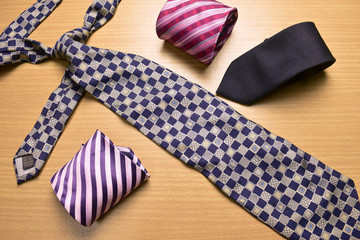 Necktie, Assorted colorful Necktie on Wood Background