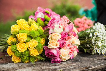 Florist's table with prepared bouquets