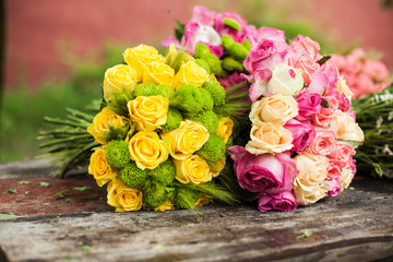 Florist's table with prepared bouquets