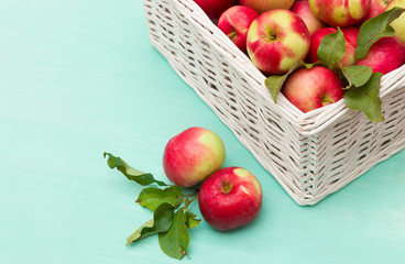 Top view on white basket full of fresh red organic apples on turquoise background. Autumn Harvest. Healthy snack.