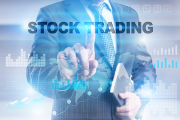 Businessman is pressing button on touch screen interface and selecting 