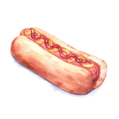 Hand-drawn watercolor illustration of hot dog with ketchup and mustard. Isolated on the white background, food drawing